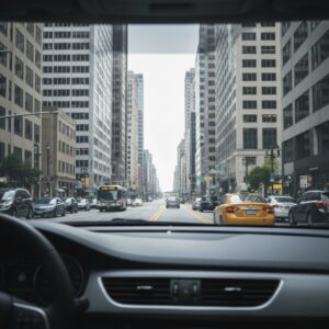 A view from the interior of a car driving down a wide city street lined with tall buildings and traffic.