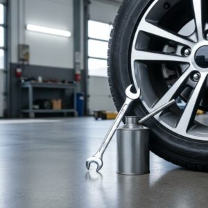 A wrench and a small oil can leaning against the sidewall of a car tire in a well-lit auto repair shop.