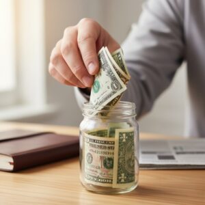 A person's hand placing US dollar bills into a clear glass jar sitting on a wooden desk, symbolizing saving money.