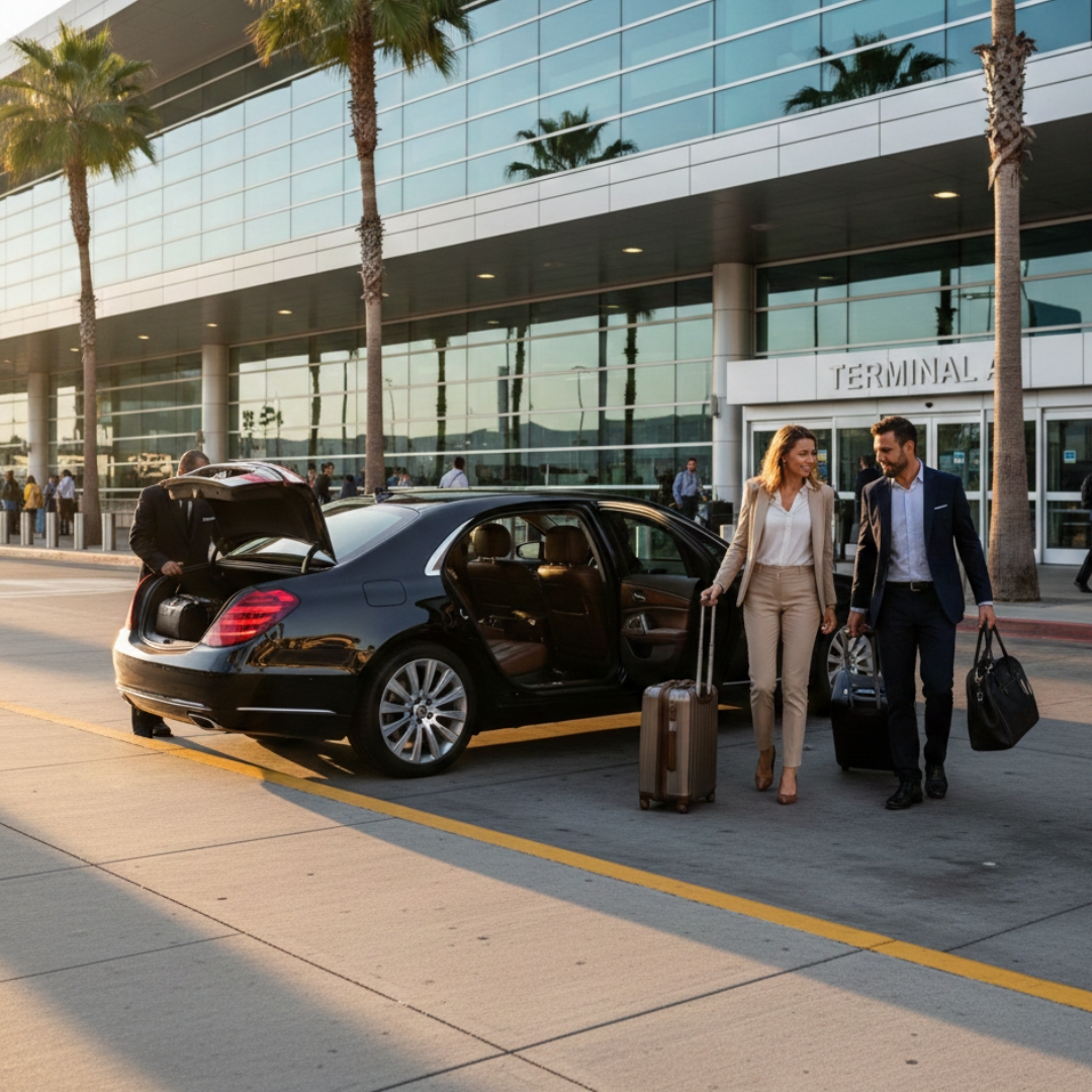 A professional couple with luggage walks toward a luxury black sedan parked at an airport terminal at sunset.