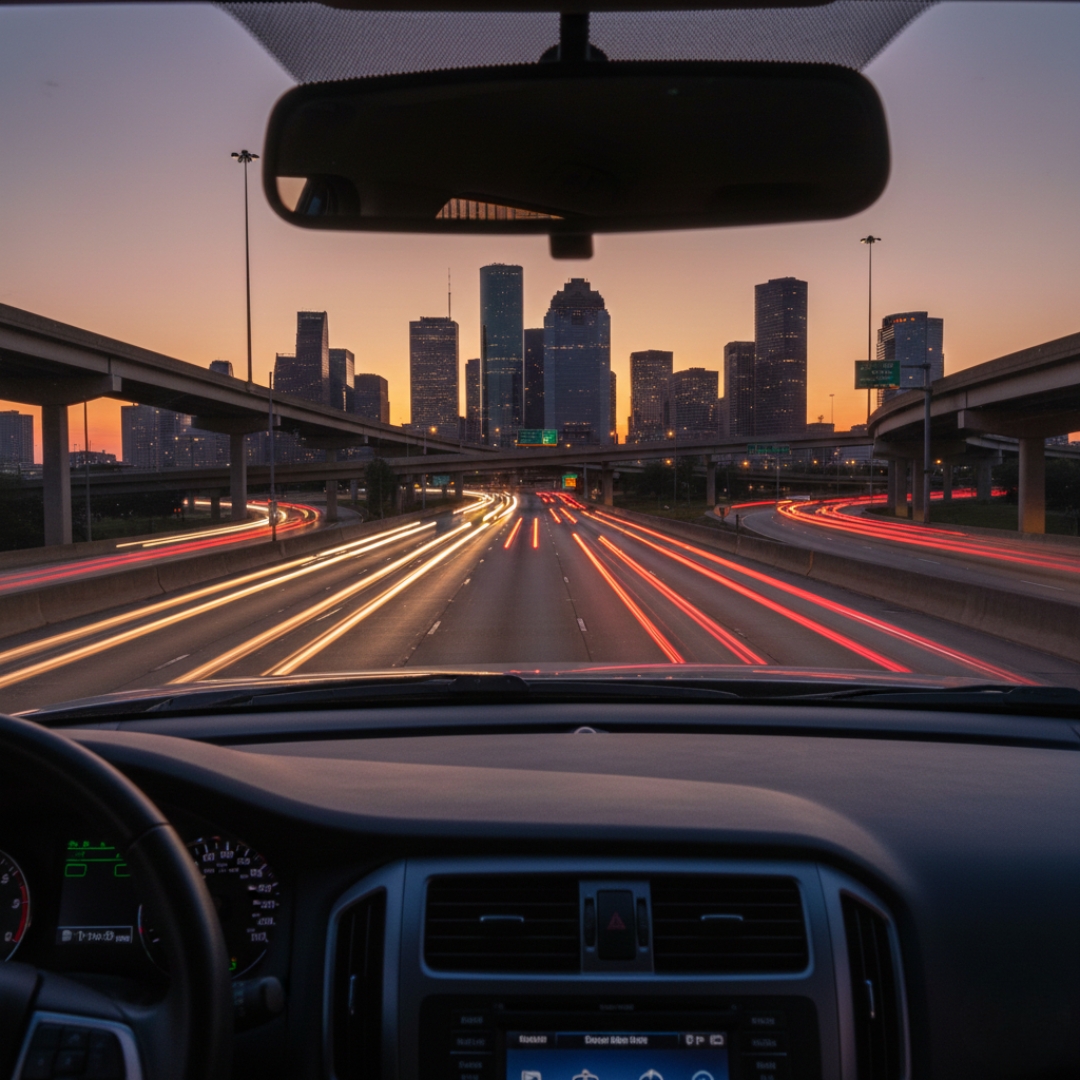 View from inside a car looking through the windshield at a city skyline and highway traffic blurred into light trails at dusk.