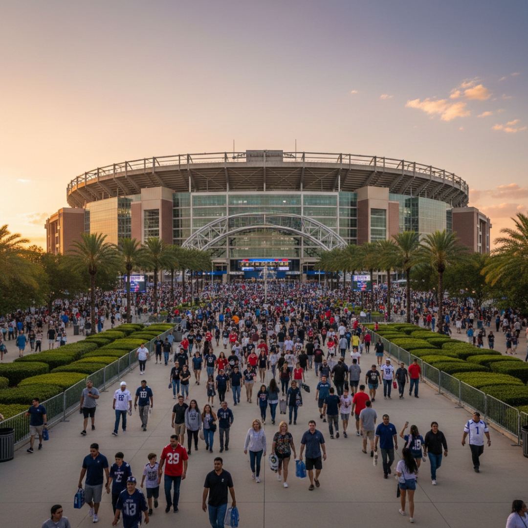 A large crowd of people walking along a wide pedestrian path toward a massive modern sports stadium under a clear evening sky.