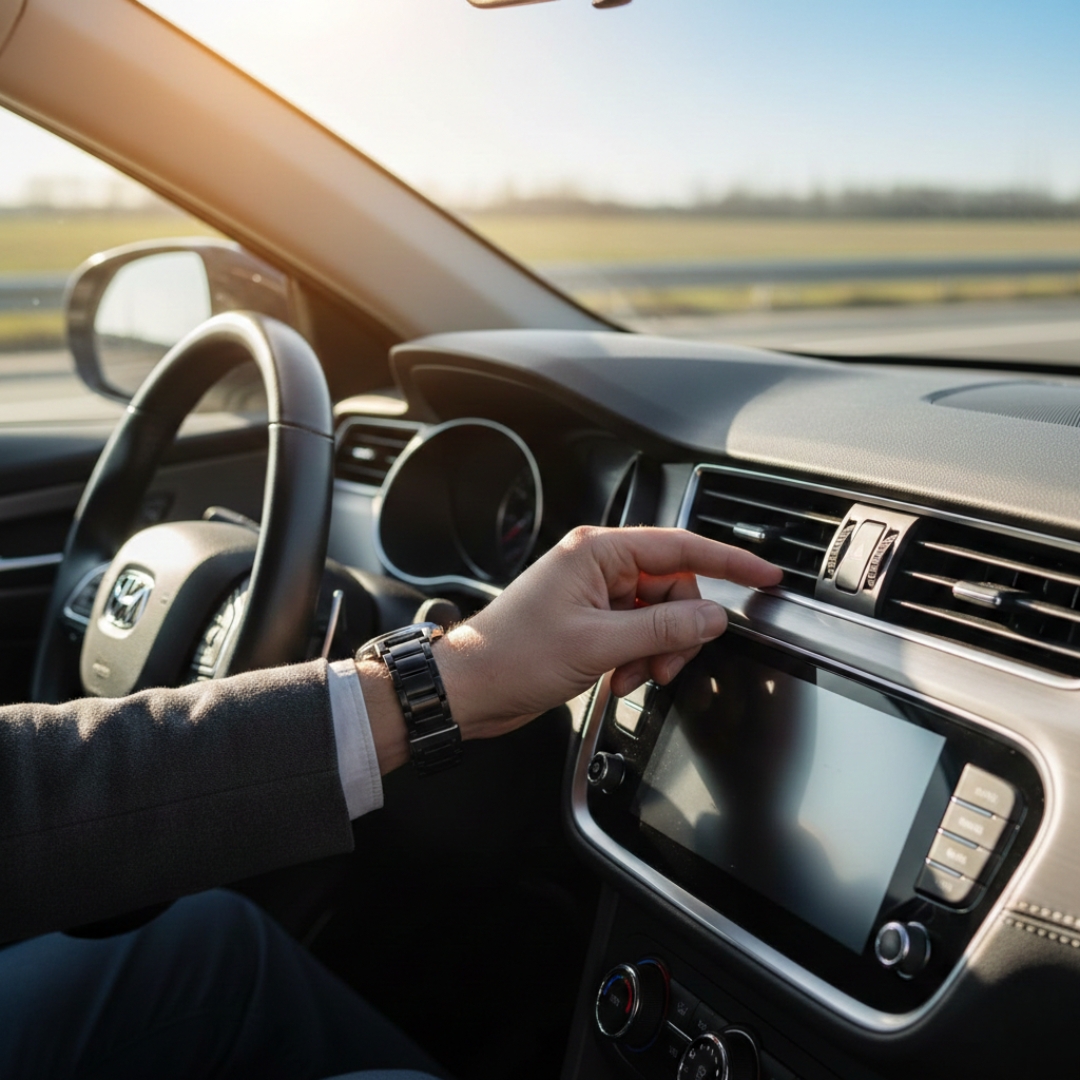 Close-up of a driver’s hand adjusting the air conditioning vent on a modern car dashboard during a bright day.