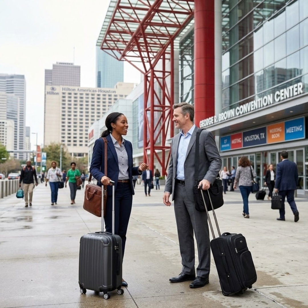 Business travelers with luggage waiting for a ride in front of a Houston convention center.