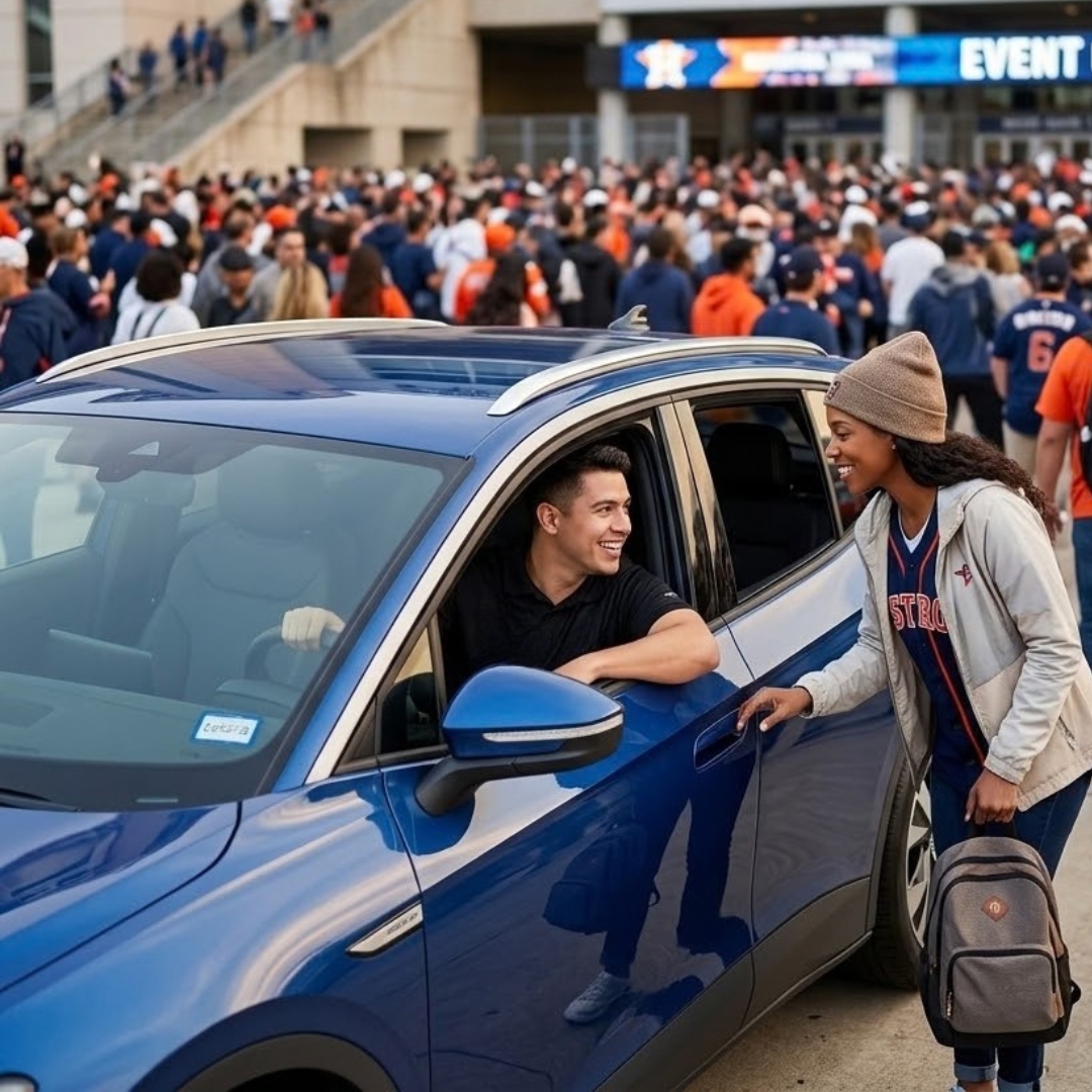A friendly rideshare driver providing high-touch customer service at a crowded event venue.