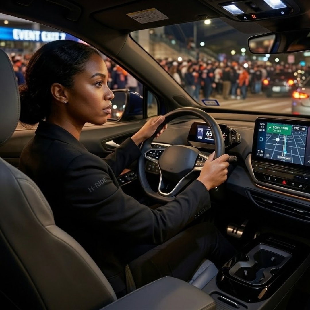A professional female driver navigating the city at night in a well-lit, safe car interior.