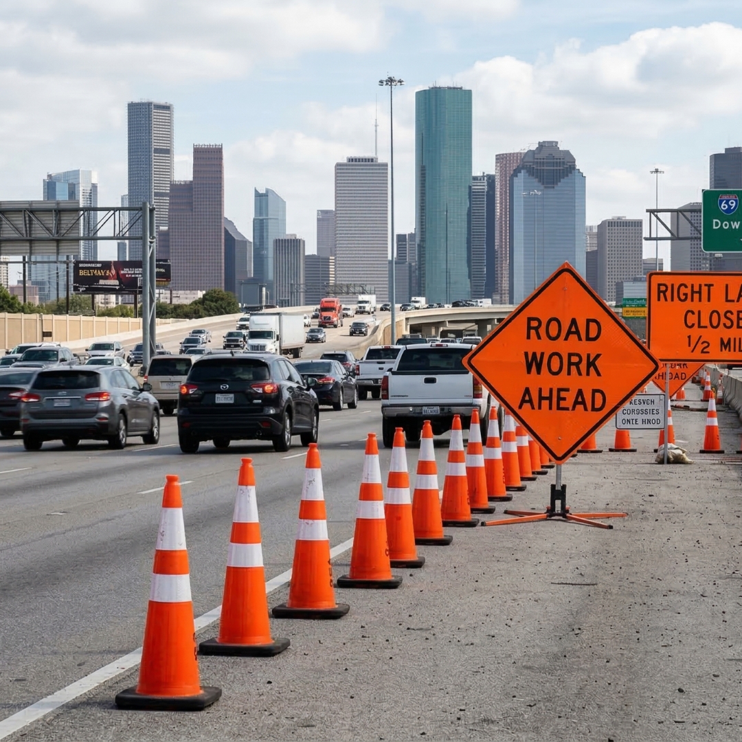 Orange traffic cones and construction barriers marking a road work zone on a busy Houston highway.