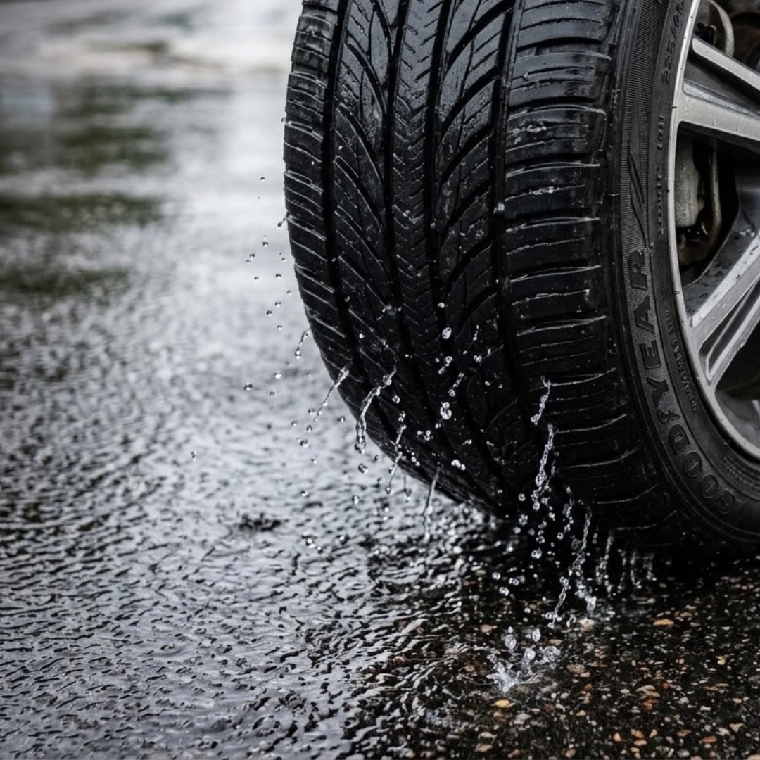 A close-up of a car tire with strong tread handling a wet Houston road surface safely.