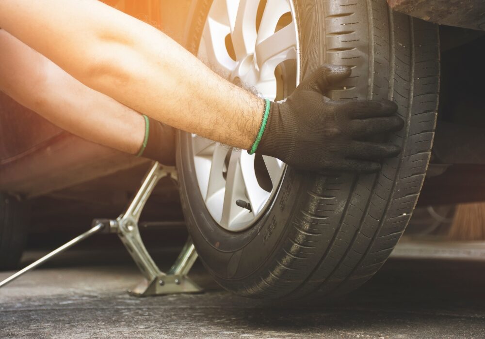 car tire being adjusted